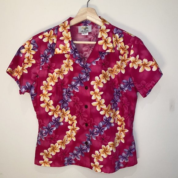 HO Aloha Hawaiian 1980’s Fitted Floral Plumeria Pink Cotton Shirt Beach Summer S - Picture 2 of 9